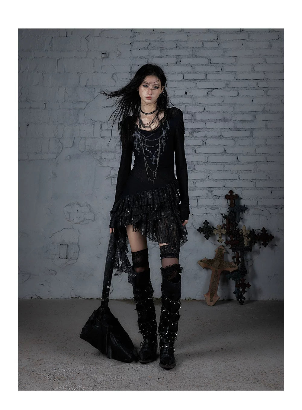 Lace Hooded Asymmetric Ruffle Dress