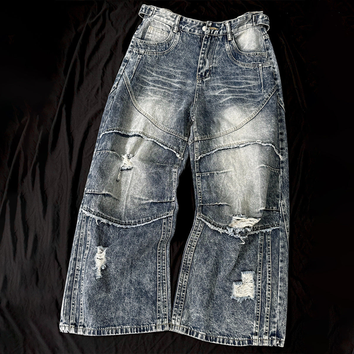 Washed Damage Splice Wide Leg Denim Jeans