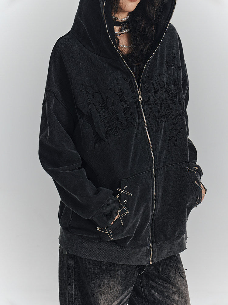 Cat Ear Safety Pin Oversize Zipper Hoodie