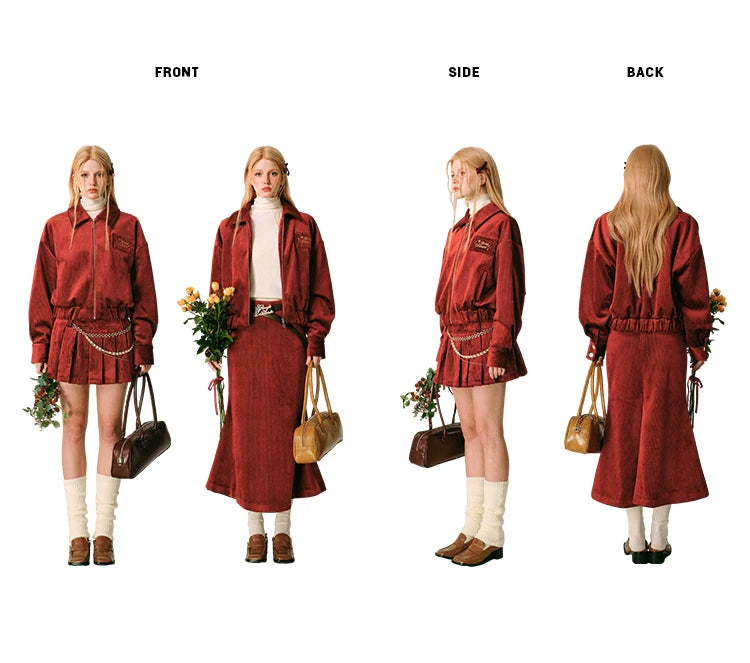Ensemble veste zippée en velours, jupe courte plissée et jupe sirène