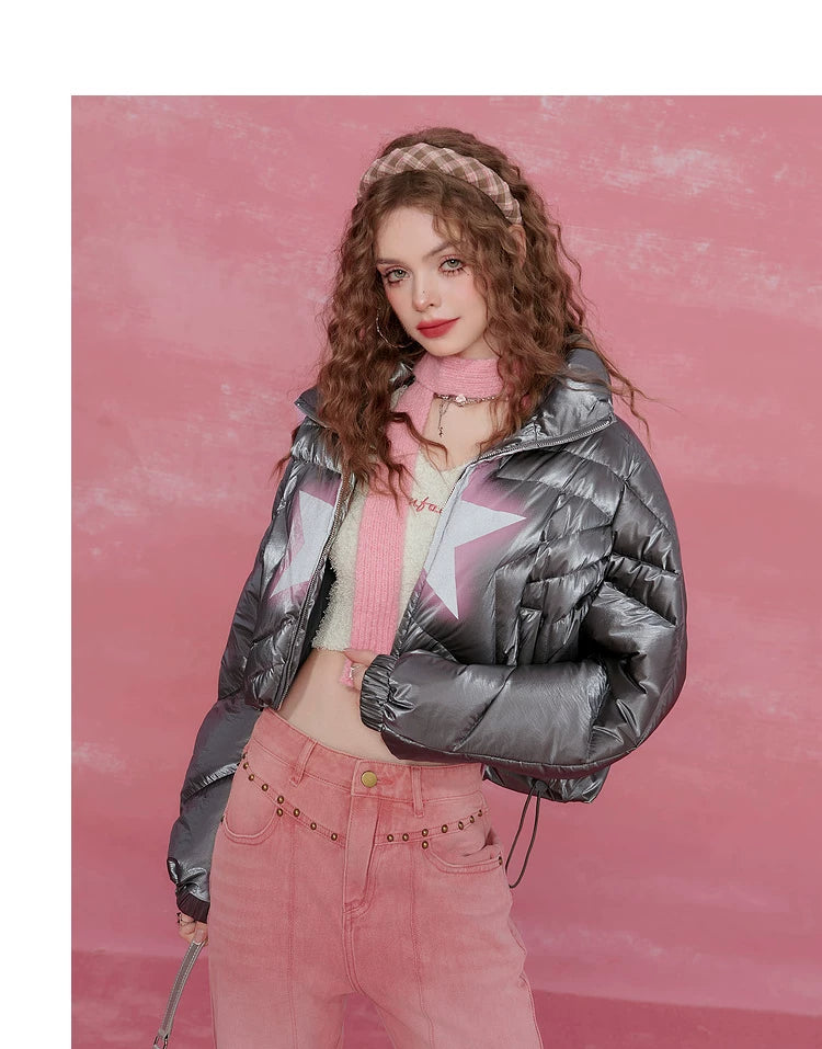 Star-Stitch Stand Neck Short White Duck Down Jacket