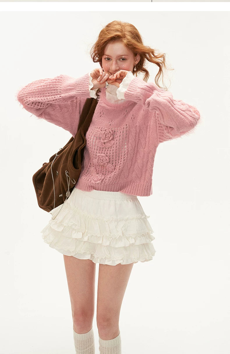 Rose Design Short Knit Sweater