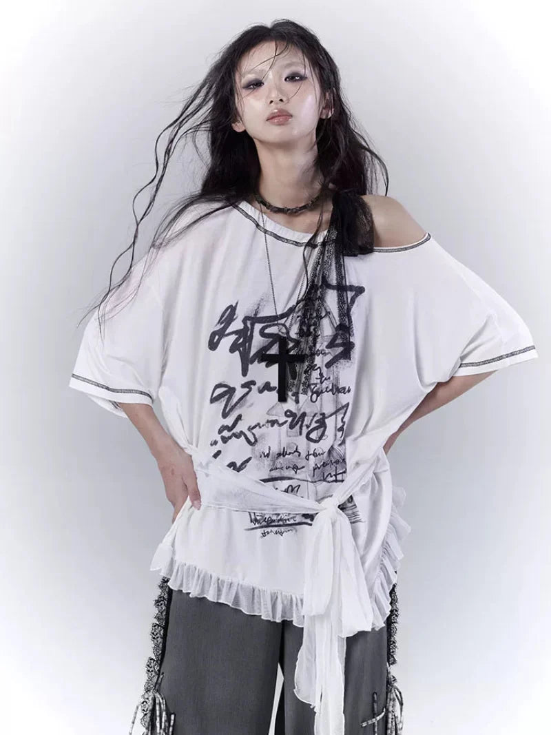 Design Print Sheer Oversize Short Sleeve T-Shirt