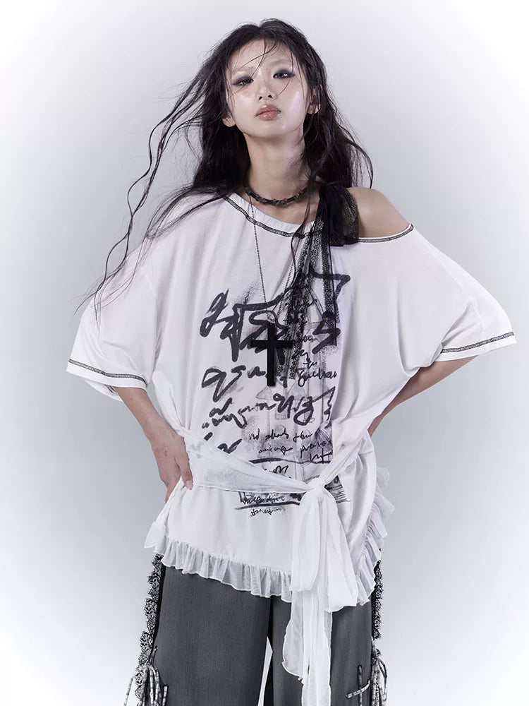Design Print Sheer Oversize Short Sleeve T-Shirt