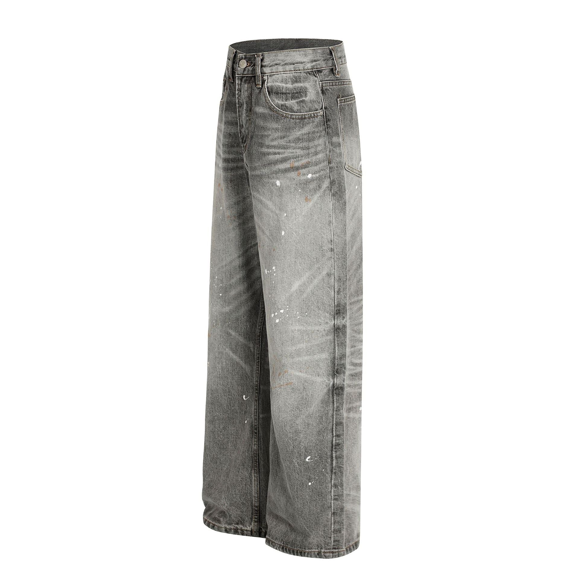 Dirty Washed Paint Wide Leg Denim Jeans