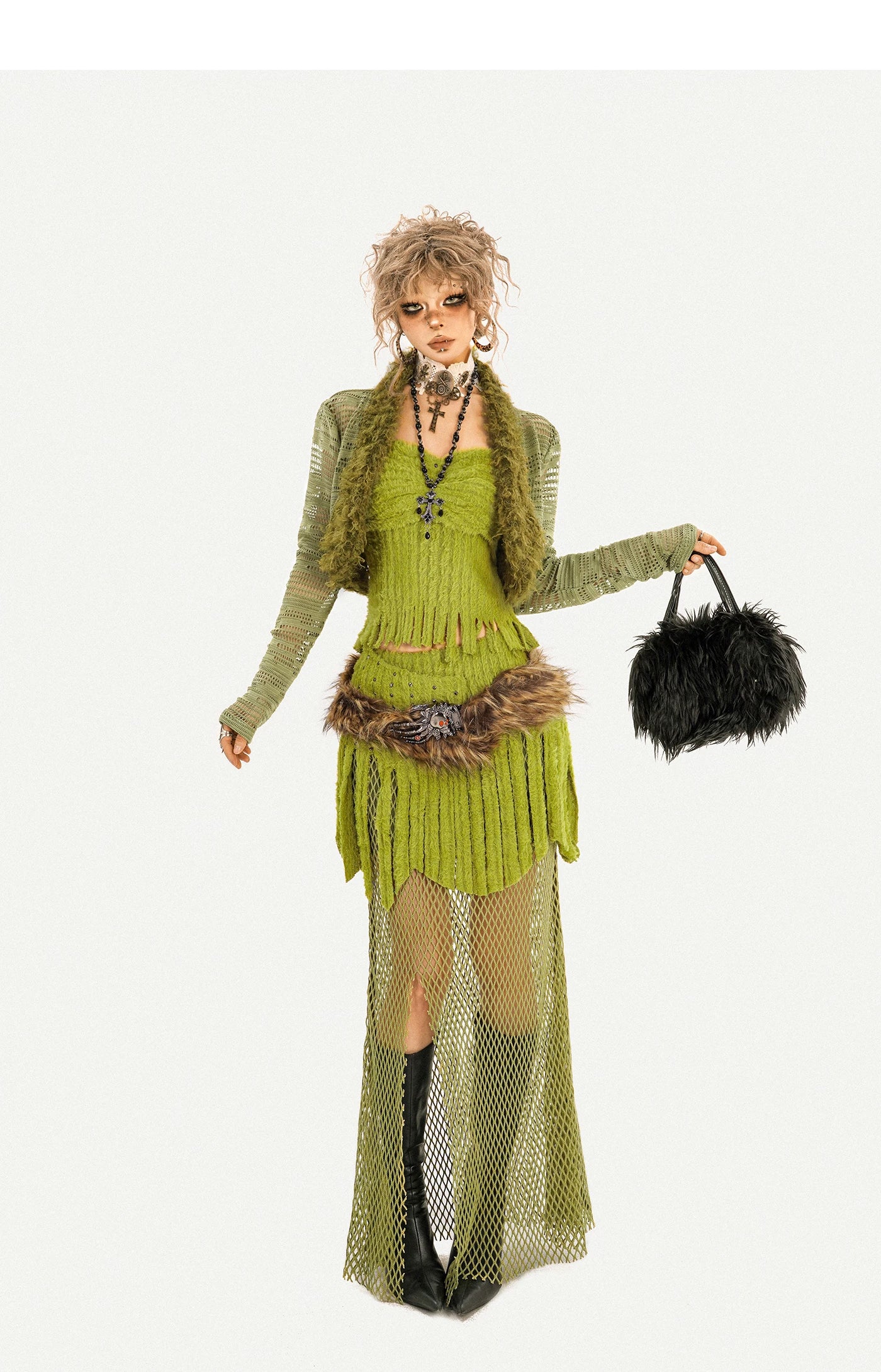 Fake Fur Patchwork Mesh Knit Cardigan & Tube Top & Mesh Long Skirt Setup