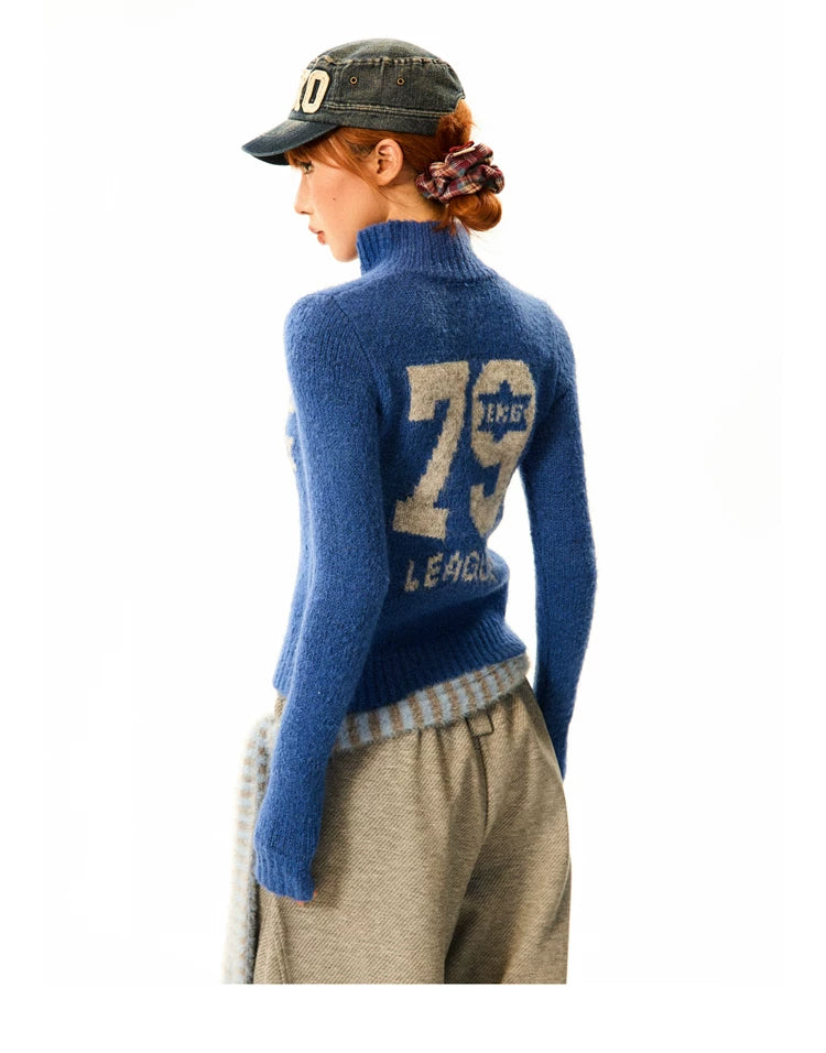Number Patch Knit Zipper Stand Neck Cardigan