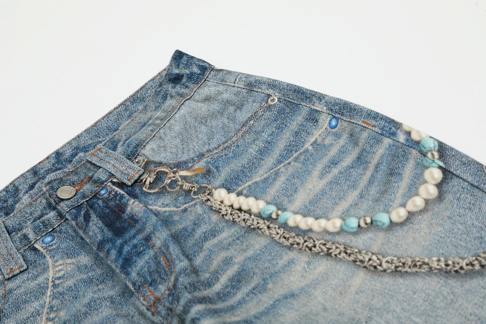 Digital Print Chain Wide Leg Denim Jeans