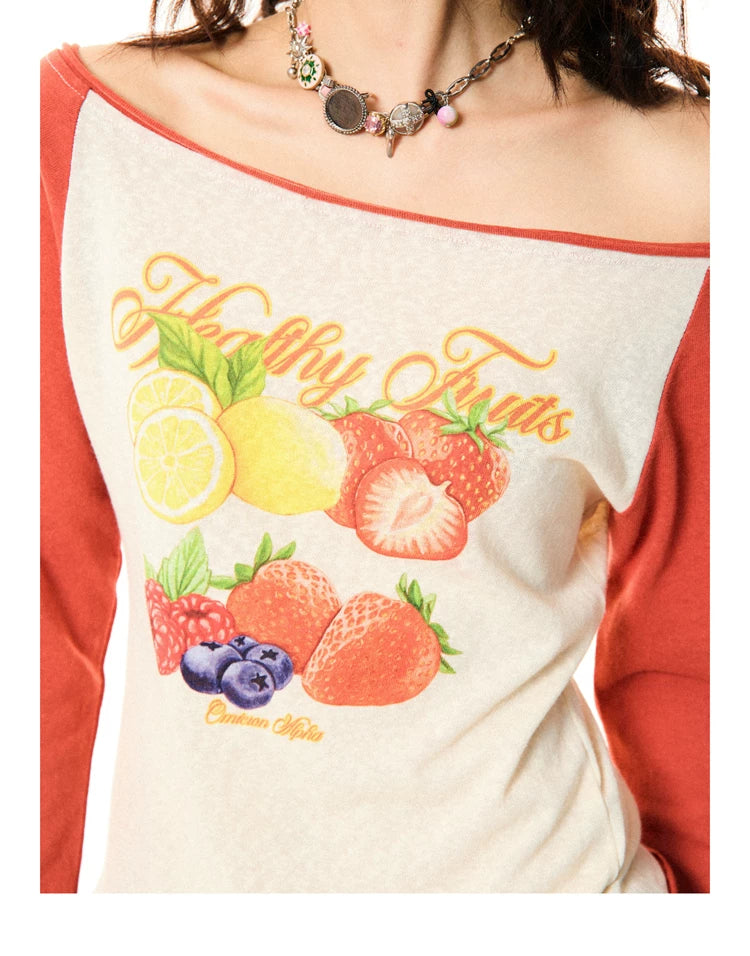 Fruit Graphic Print Off-Shoulder Fitted Long Sleeve T-Shirt