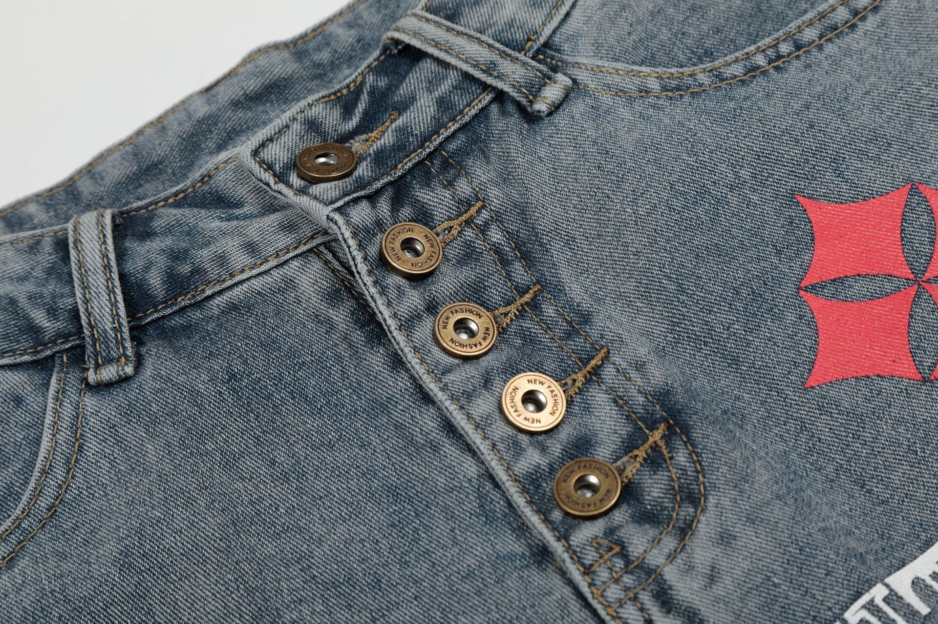 Button Fly Curved Wide Leg Denim Jeans
