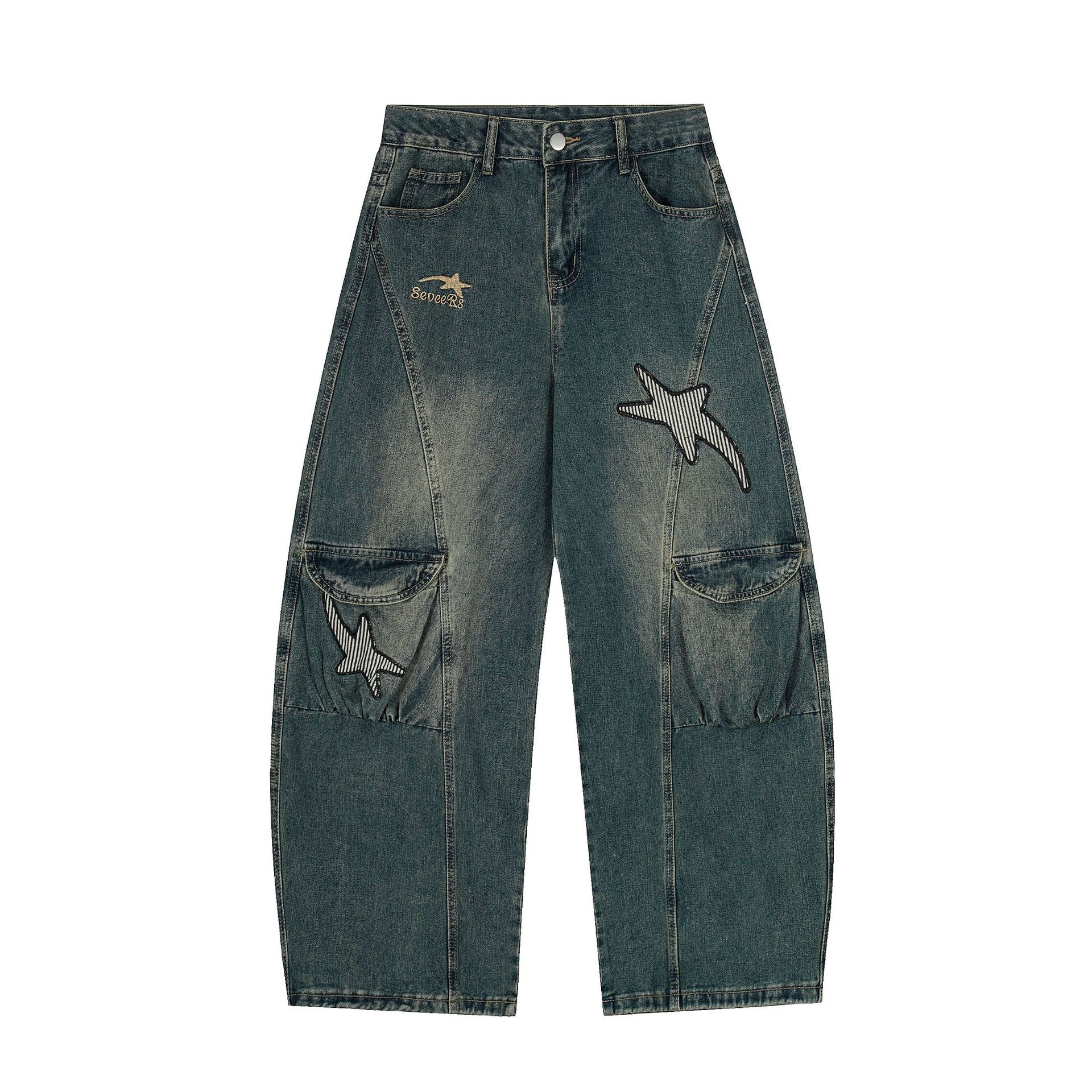 Washed Embroidery Wide Leg Denim Jeans
