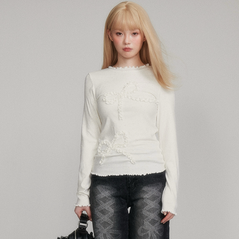 Dot Pattern Bow Lyocell Thermal Long Sleeve T-Shirt