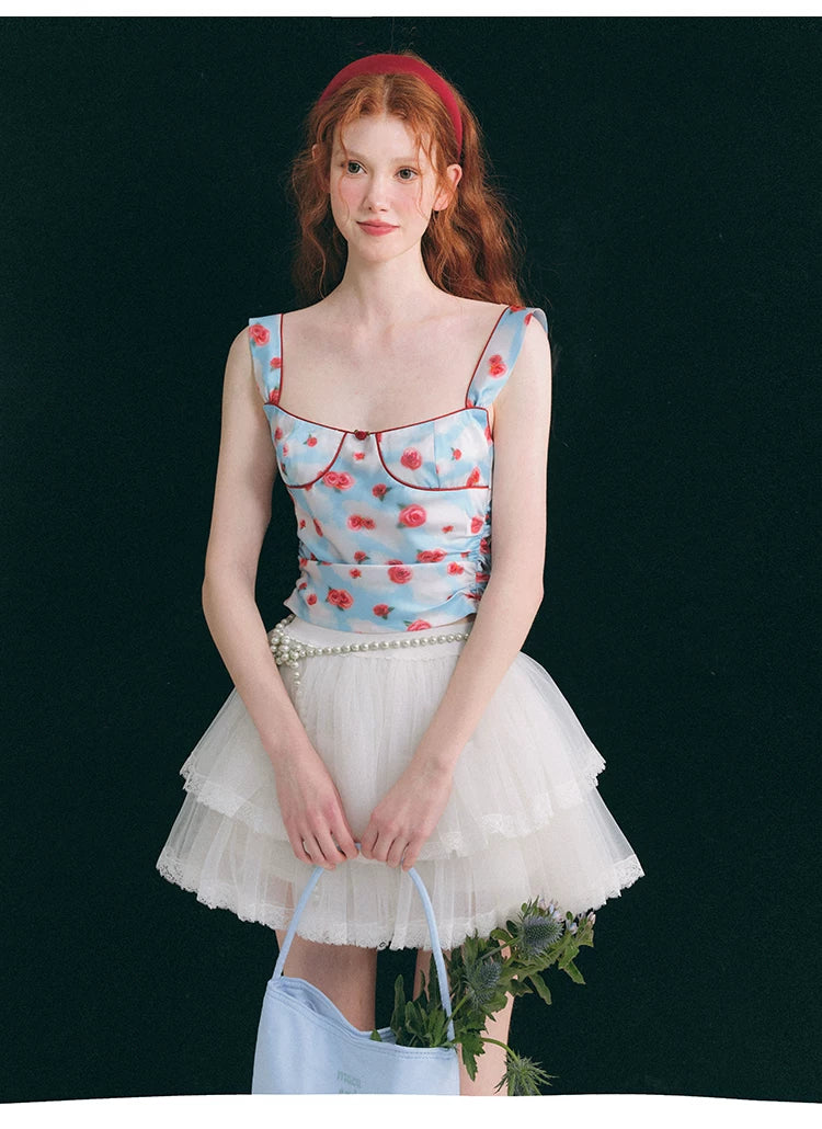 Hand Painted Rose Floral Camisole & Short Skirt Setup