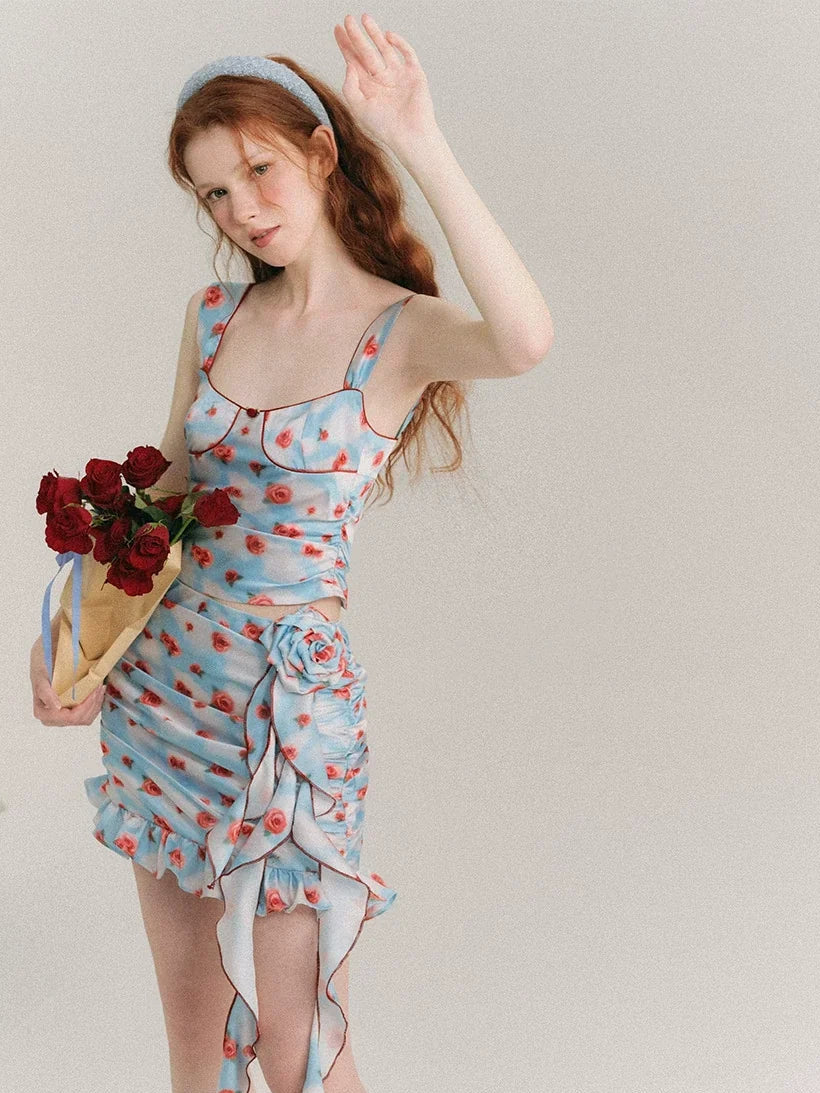 Hand Painted Rose Floral Camisole & Short Skirt Setup