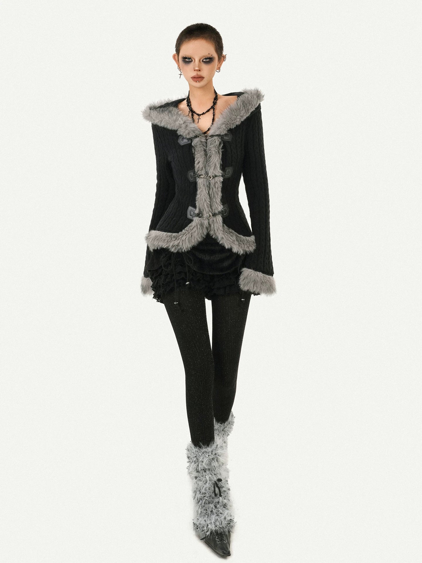Hooded Fur Collar Fitted Knit Cardigan