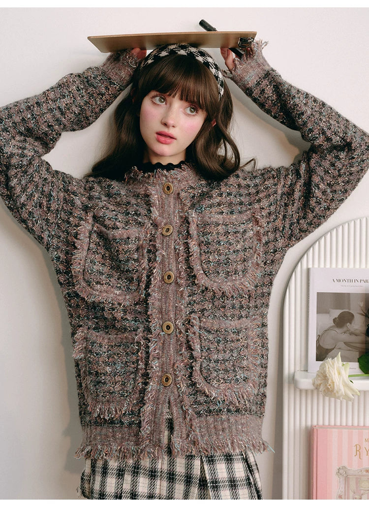 Plaid Button Cardigan & Scarf & Long Skirt Setup
