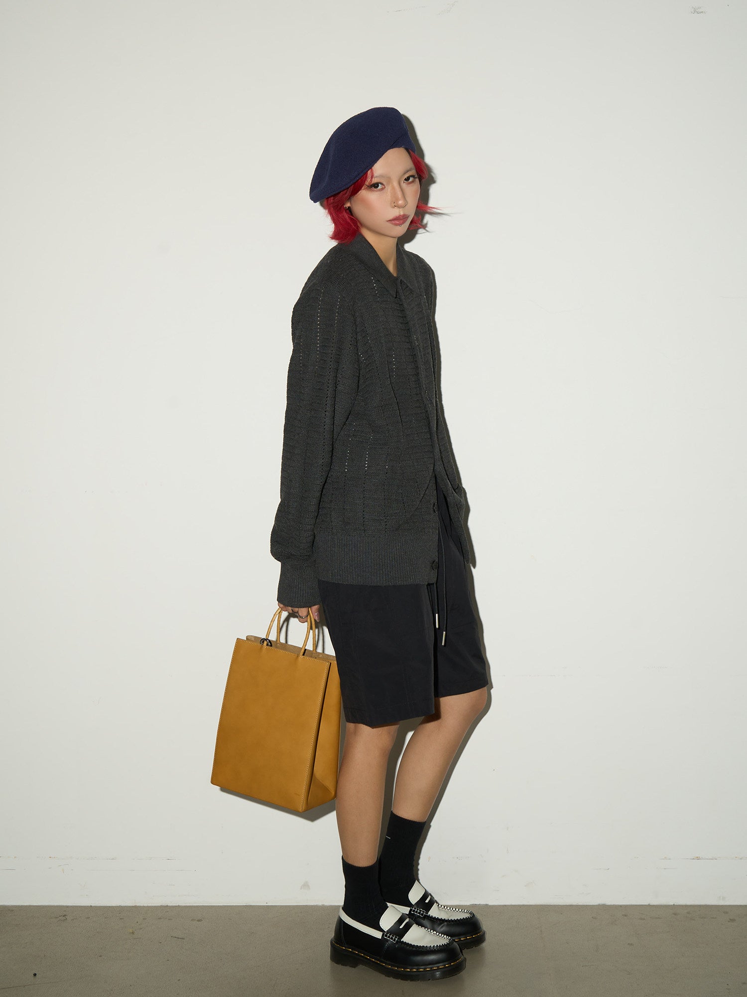 Hollow Textured Lapel Knit Cardigan