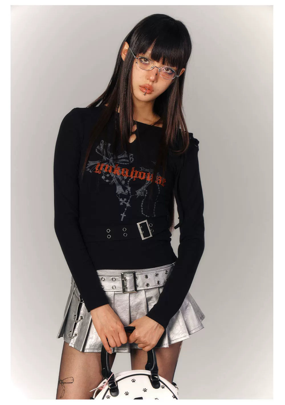 Cross Print Strap Buckle Cutout Long Sleeve T-Shirt