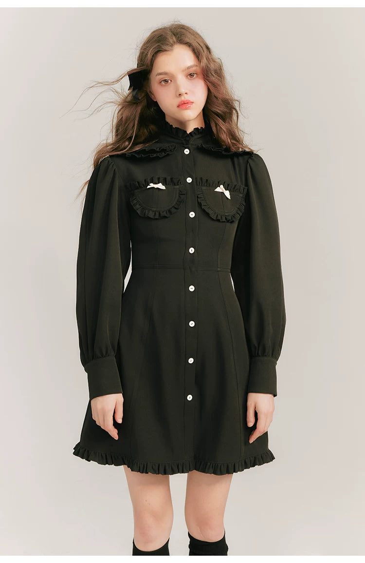 Double Neck Long Sleeve Shirt Dress