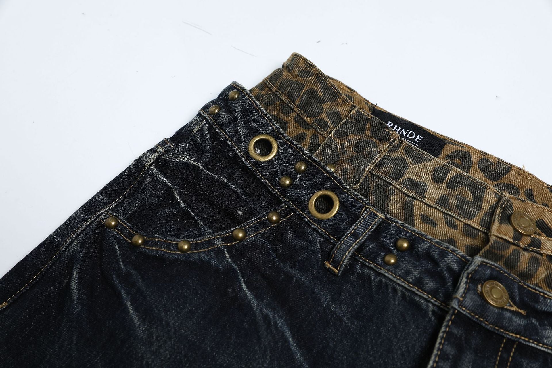 Fake Layered Leopard Print Wide Leg Denim Jeans