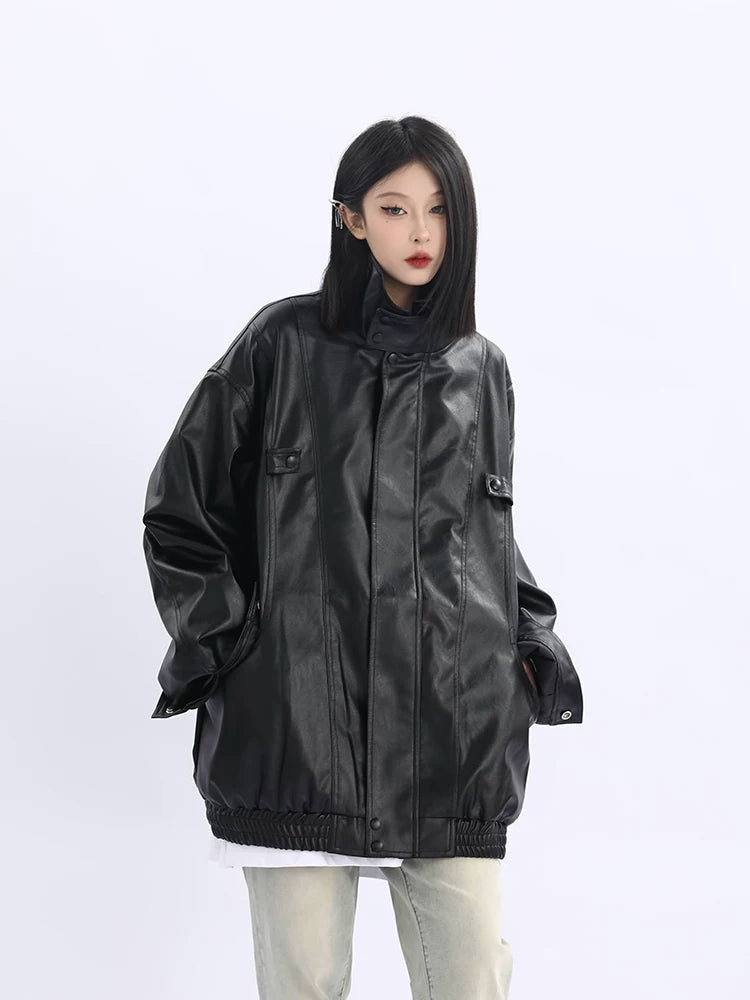 Oversized Standing-Collar PU Leather Jacket