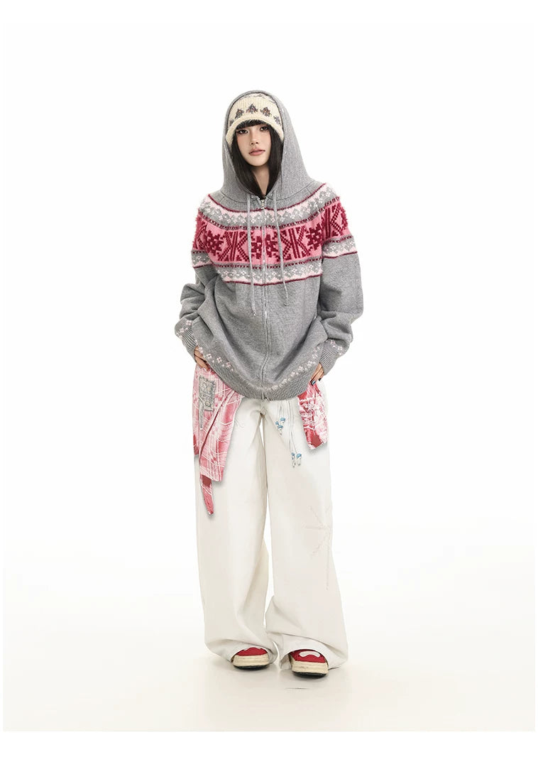 Fur Collar Fair Isle Hooded Knit Cardigan