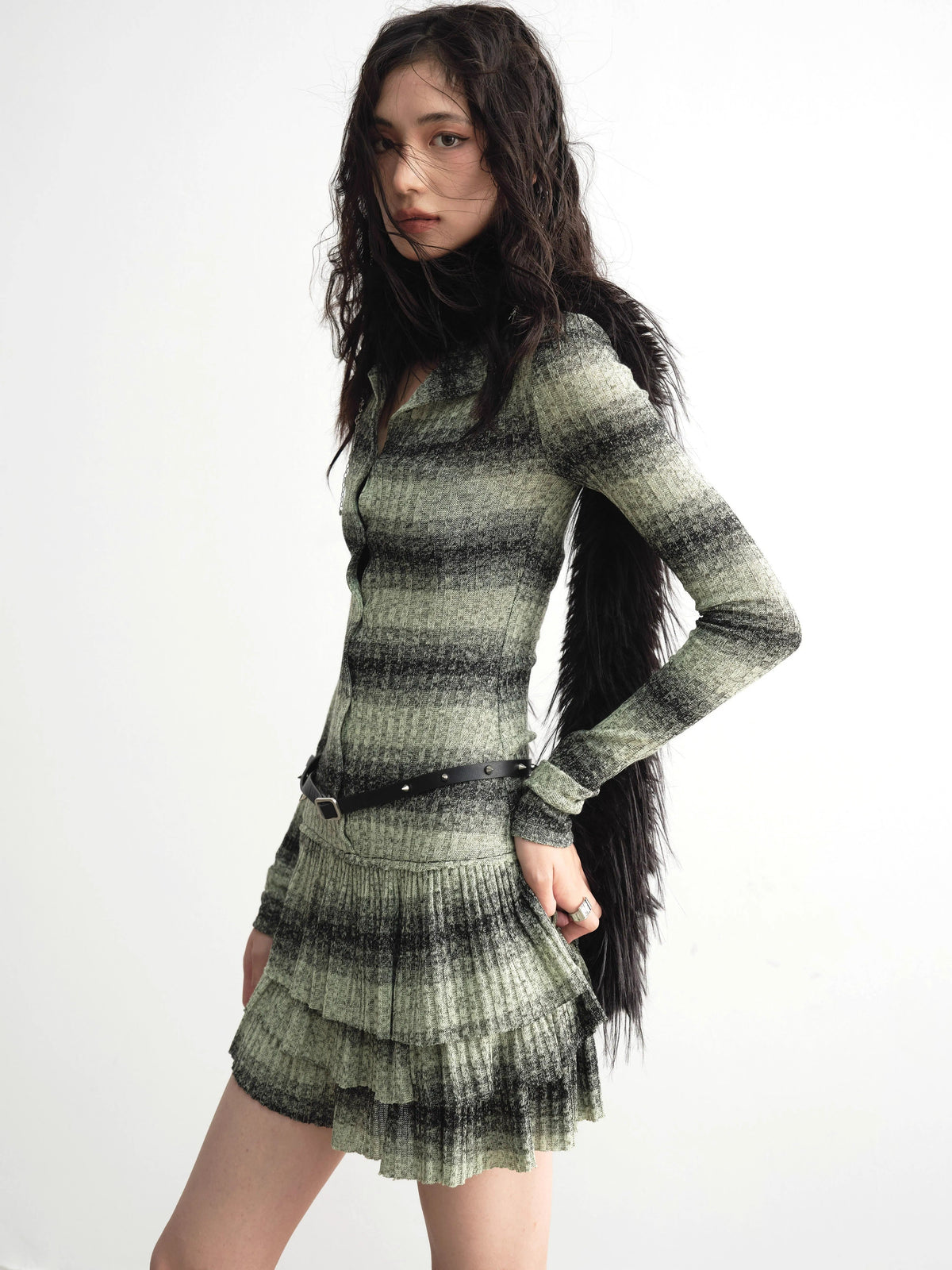 Fake Layered Stripe Ruffle Knit Dress