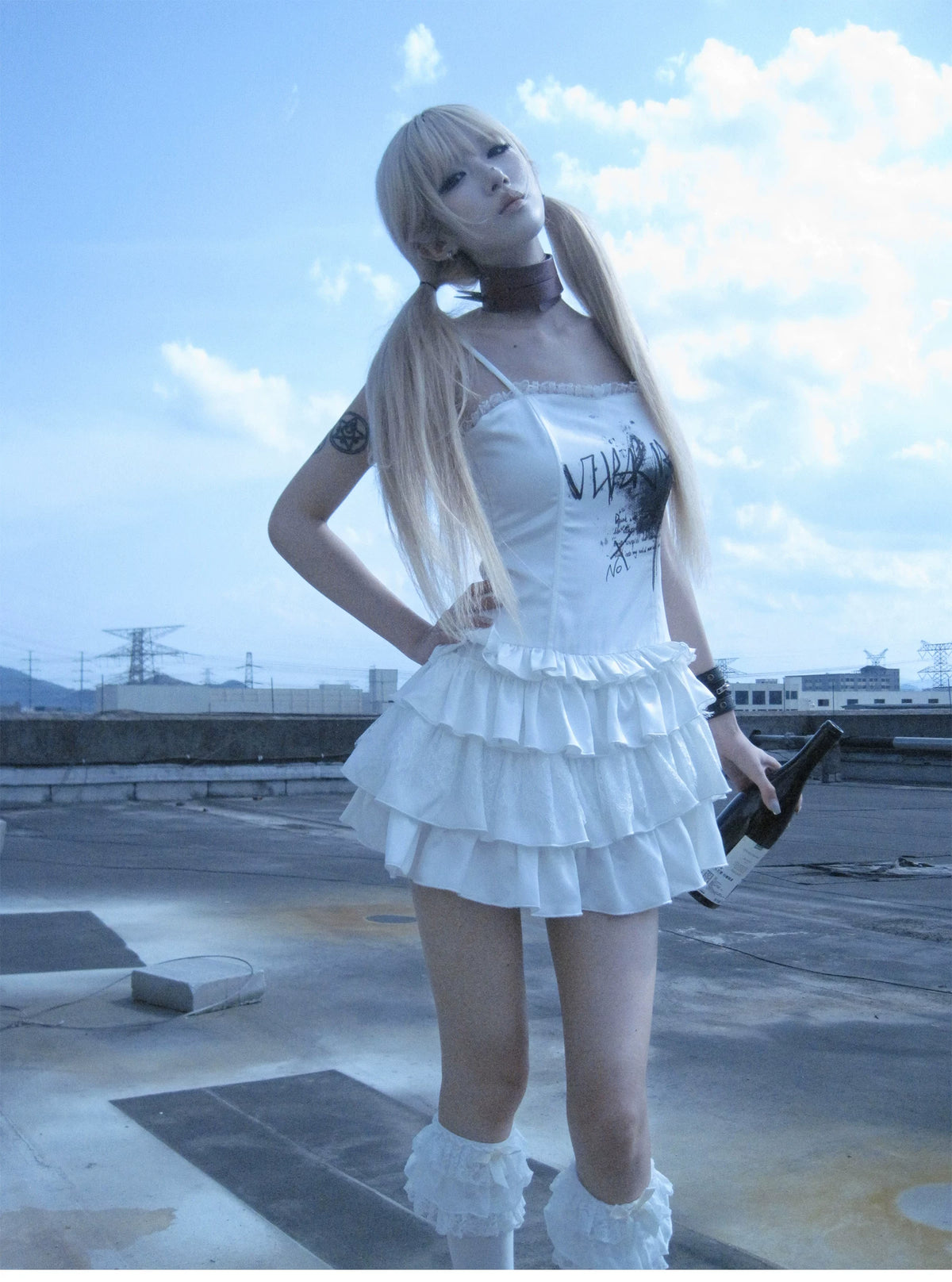 Graffiti Print Satin Lace-Up Ruffled Layered Dress