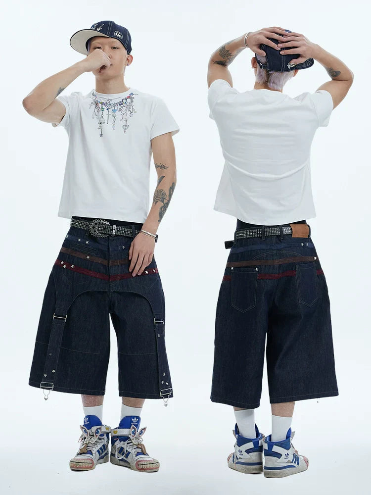 Star Rivet Suede Patchwork Raw Short
