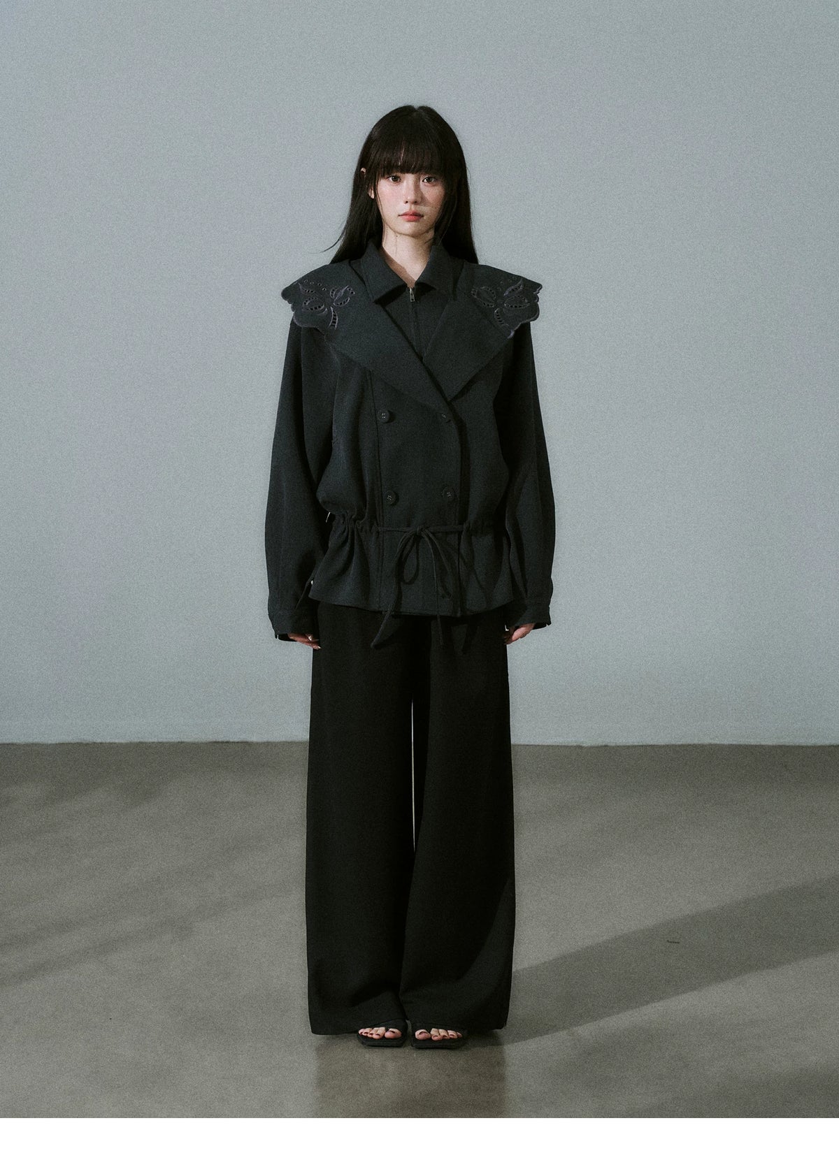 Embroidery Collar Drawstring Waist Double-Breasted Jacket
