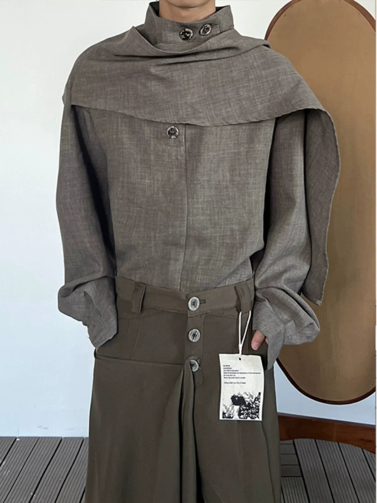 Stand Neck Scarf-Tie Long Sleeve Shirt
