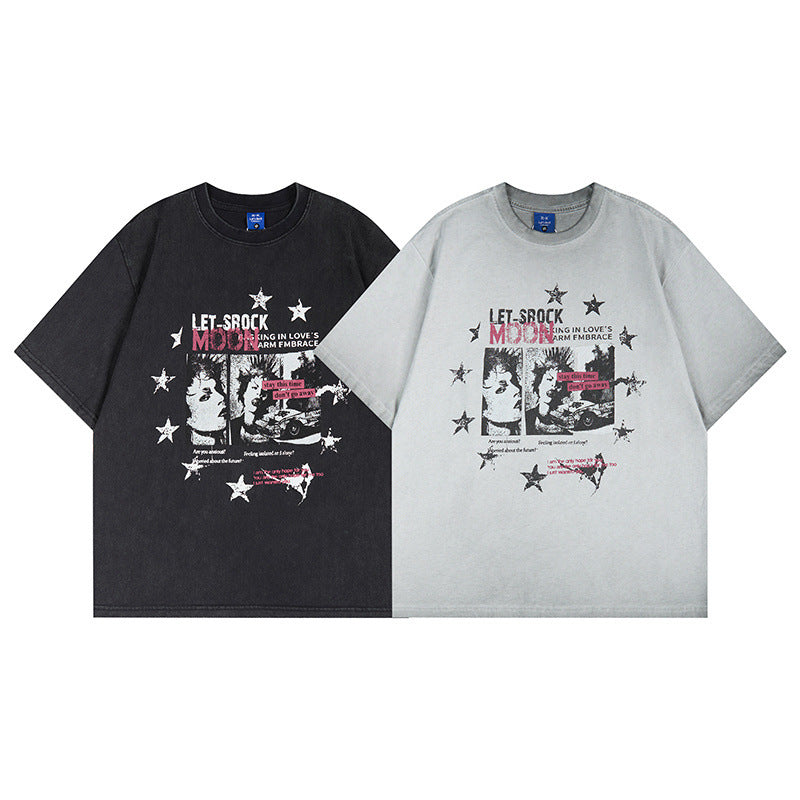 Washed Portrait Letter Print Short Sleeve T-Shirt