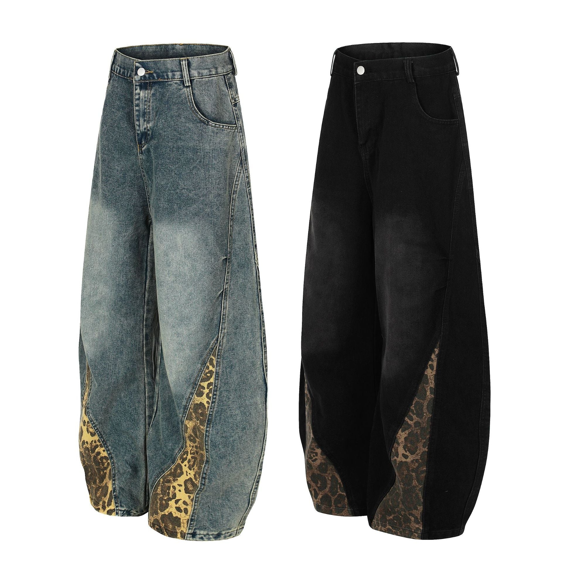 Washed Leopard Panel Curved Denim Jeans