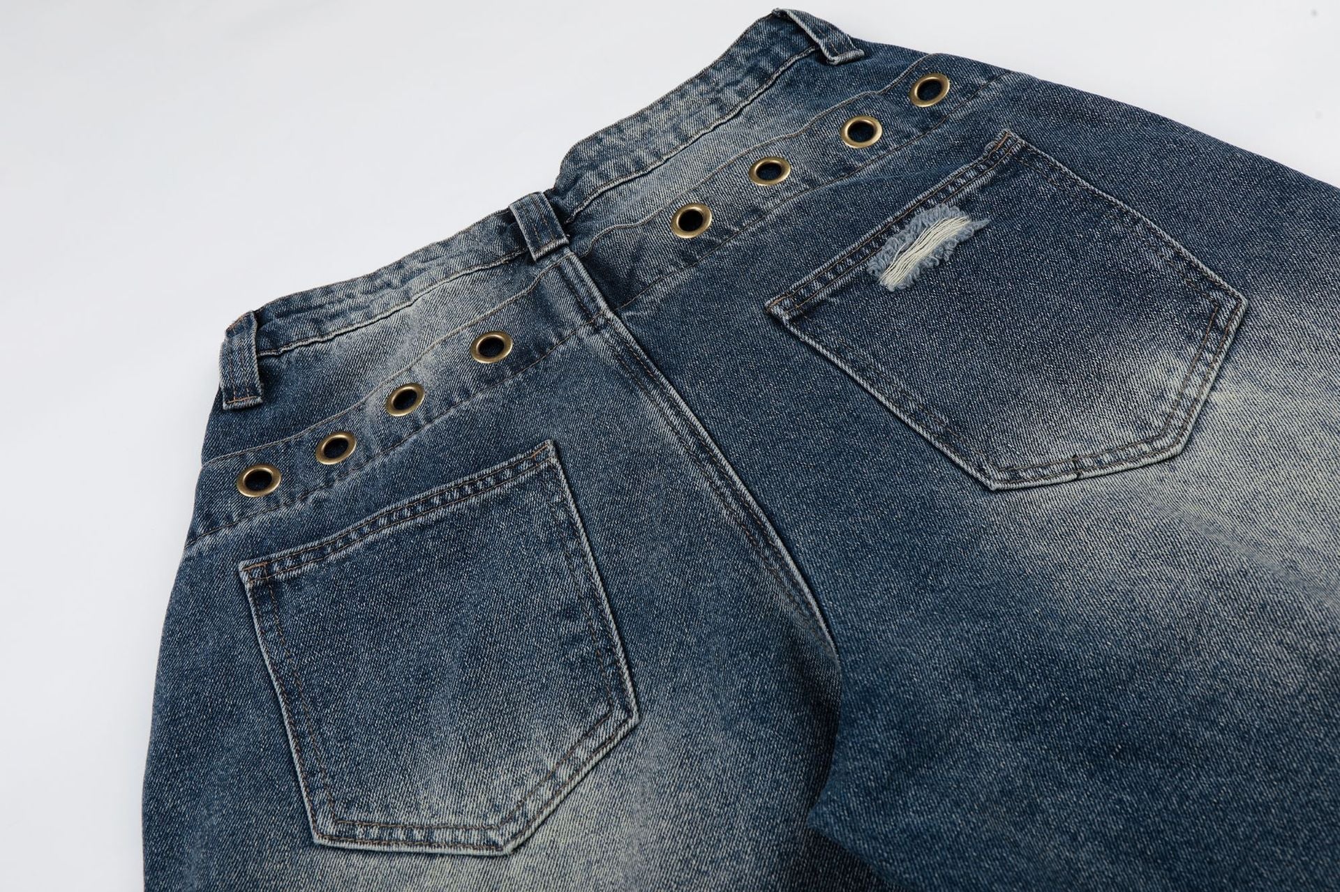 Wash Rivet Damage Wide Leg Denim Jeans