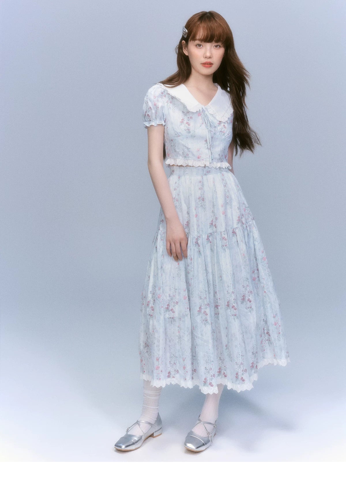 Floral-Print Blouse & Lace Trim Flared Skirt Setup