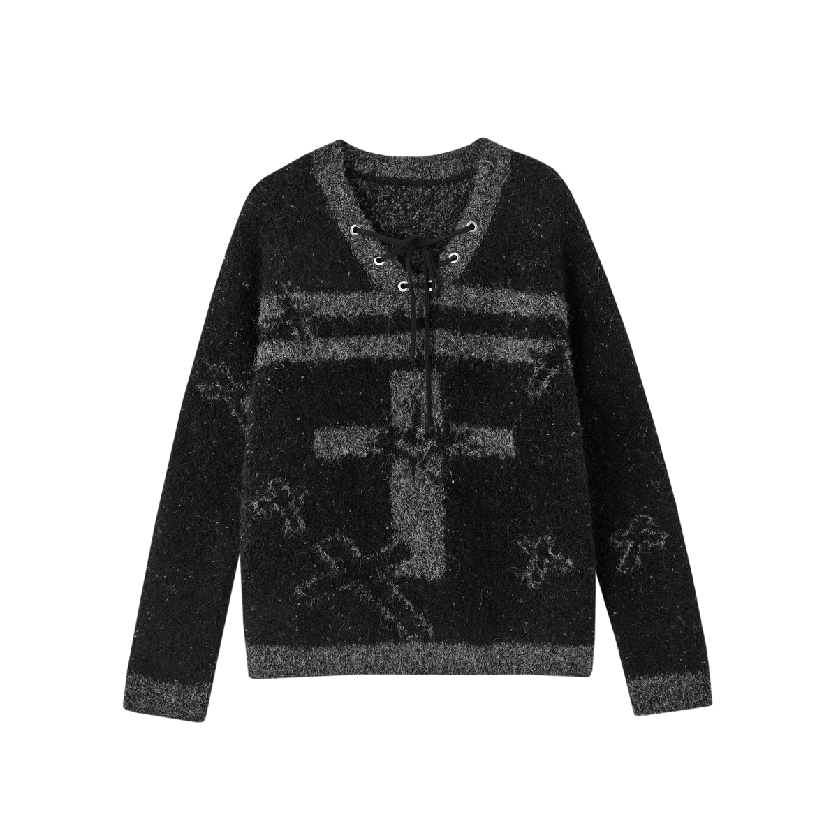 Cross Detail Drawstring Oversize V-Neck Knit Sweater
