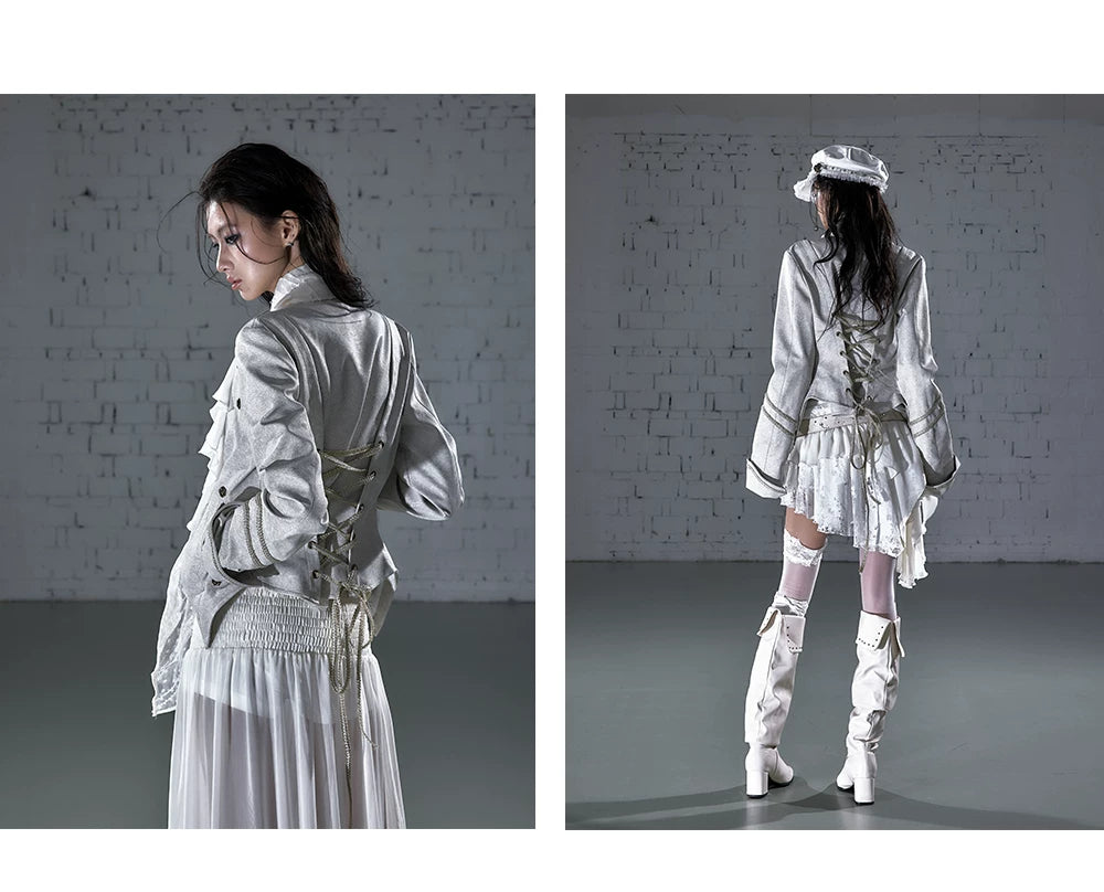 Ruffle Tie-Neck Slim Fit Long Sleeve Shirt