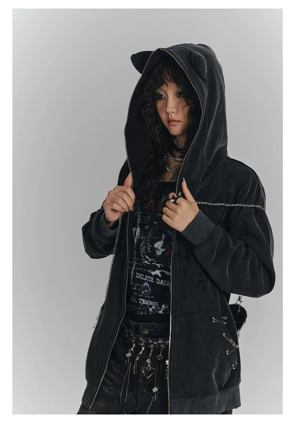 Cat Ear Safety Pin Oversize Zipper Hoodie