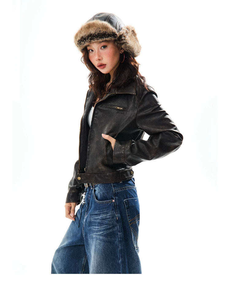 PU Leather Washed Zipper Short Length Jacket
