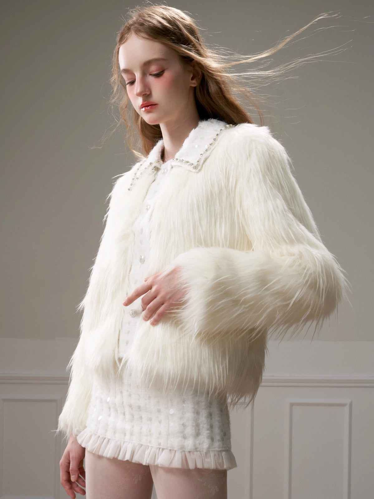 Eco Fur Warm Jacket & Short Skirt & Long Skirt Setup