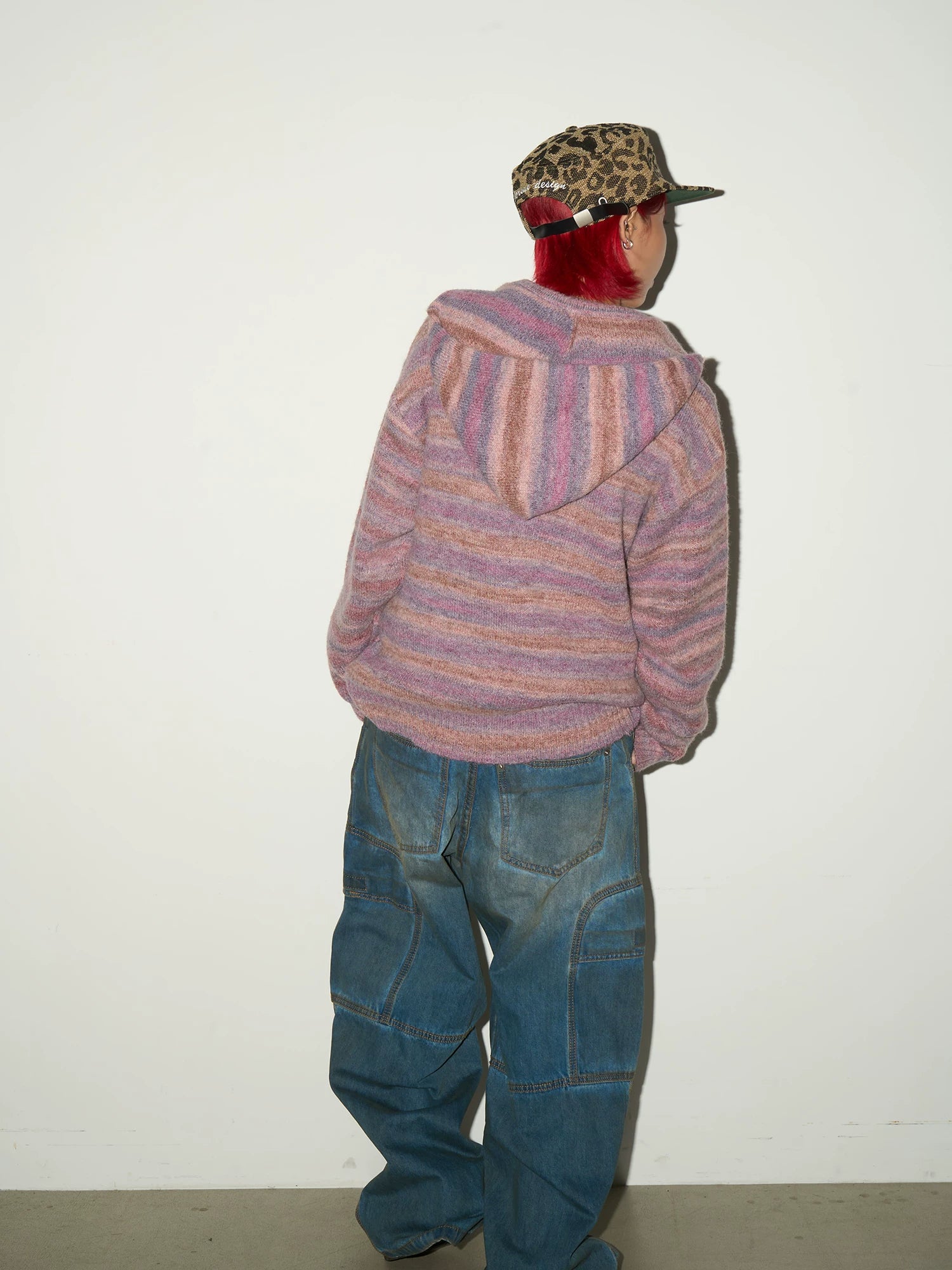 Stripe Hooded Zipper Knit Cardigan