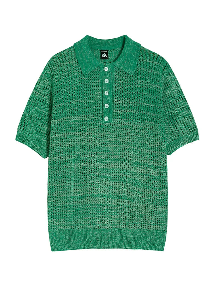 Hollow-Out Knit Short Sleeve Polo Shirt