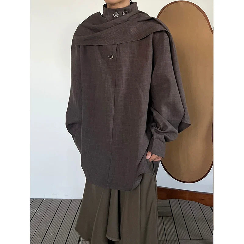 Stand Neck Scarf-Tie Long Sleeve Shirt