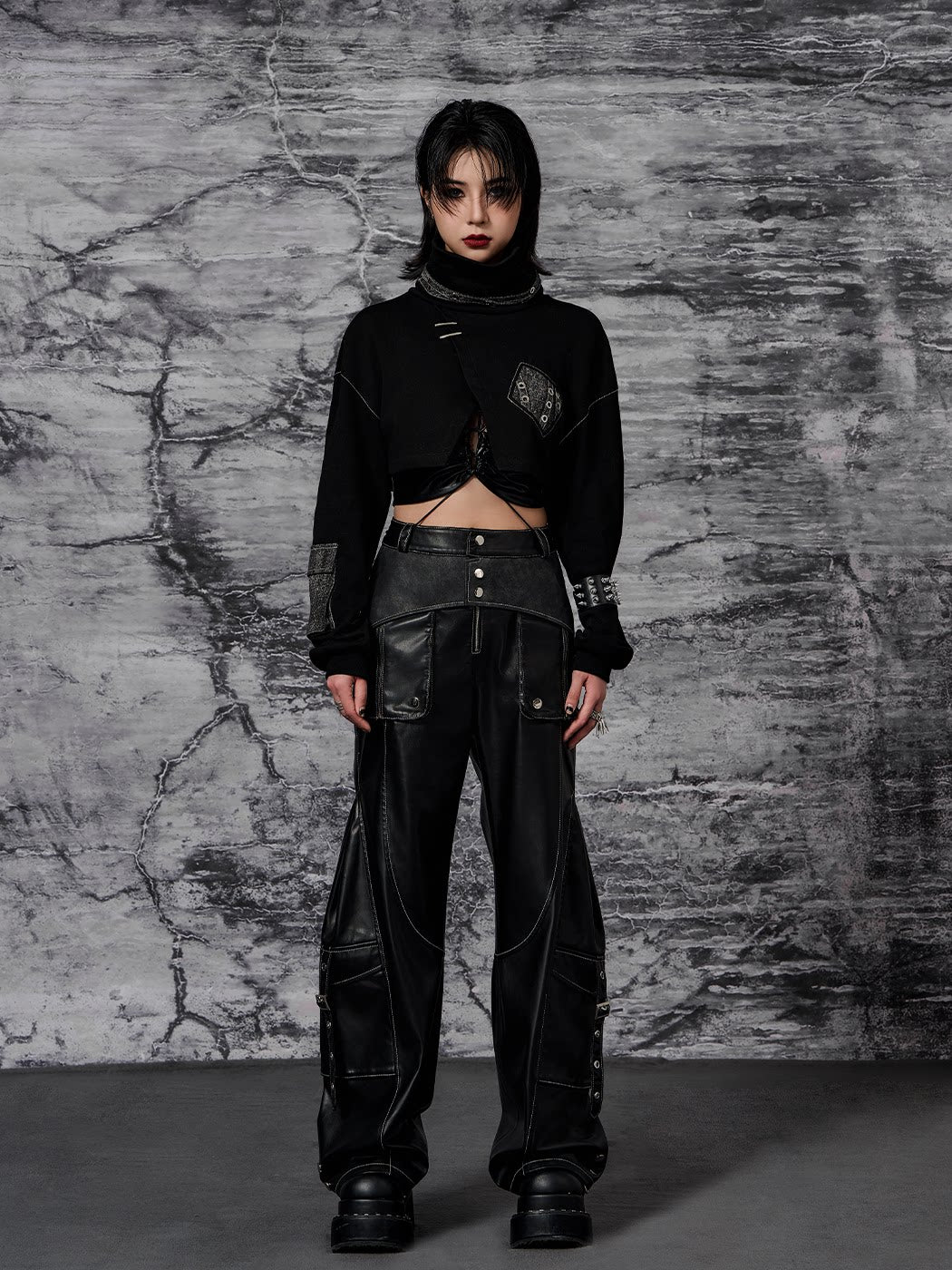 Metal-Embellished Straight-Leg PU Leather Cargo Pants
