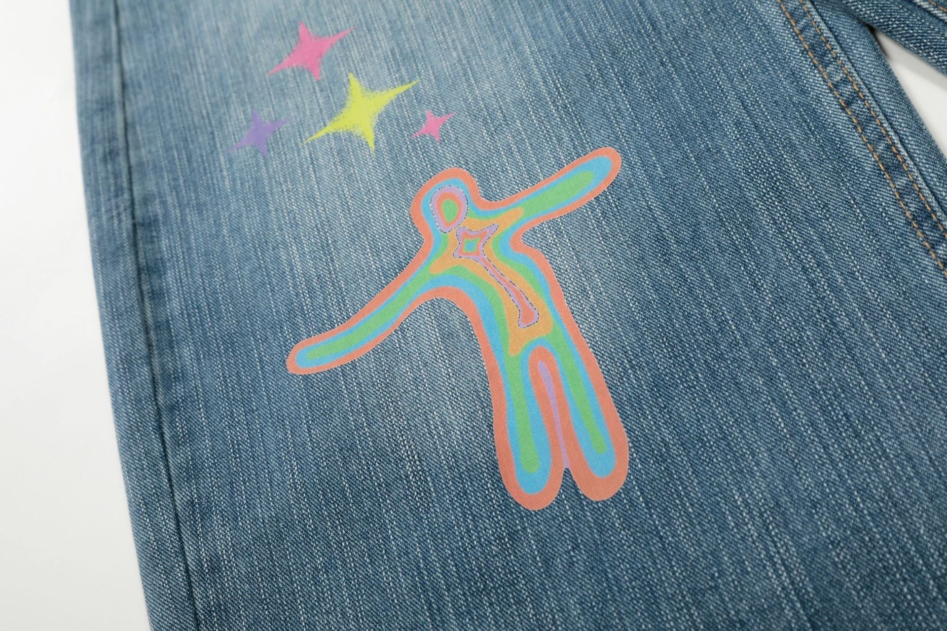 Star Heart Print Curved Wide Leg Denim Jeans