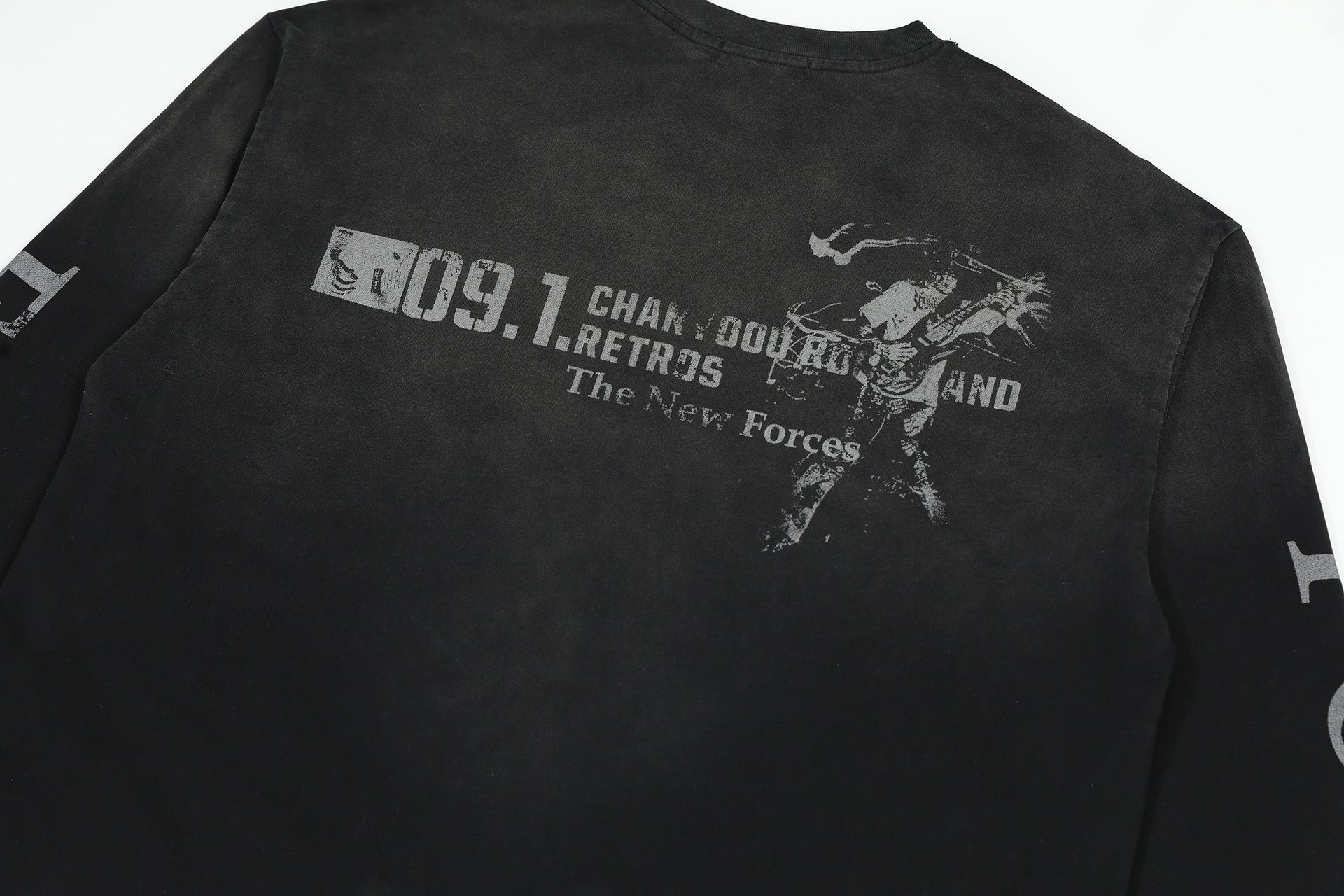 Washed Number Print Damage Long Sleeve T-Shirt