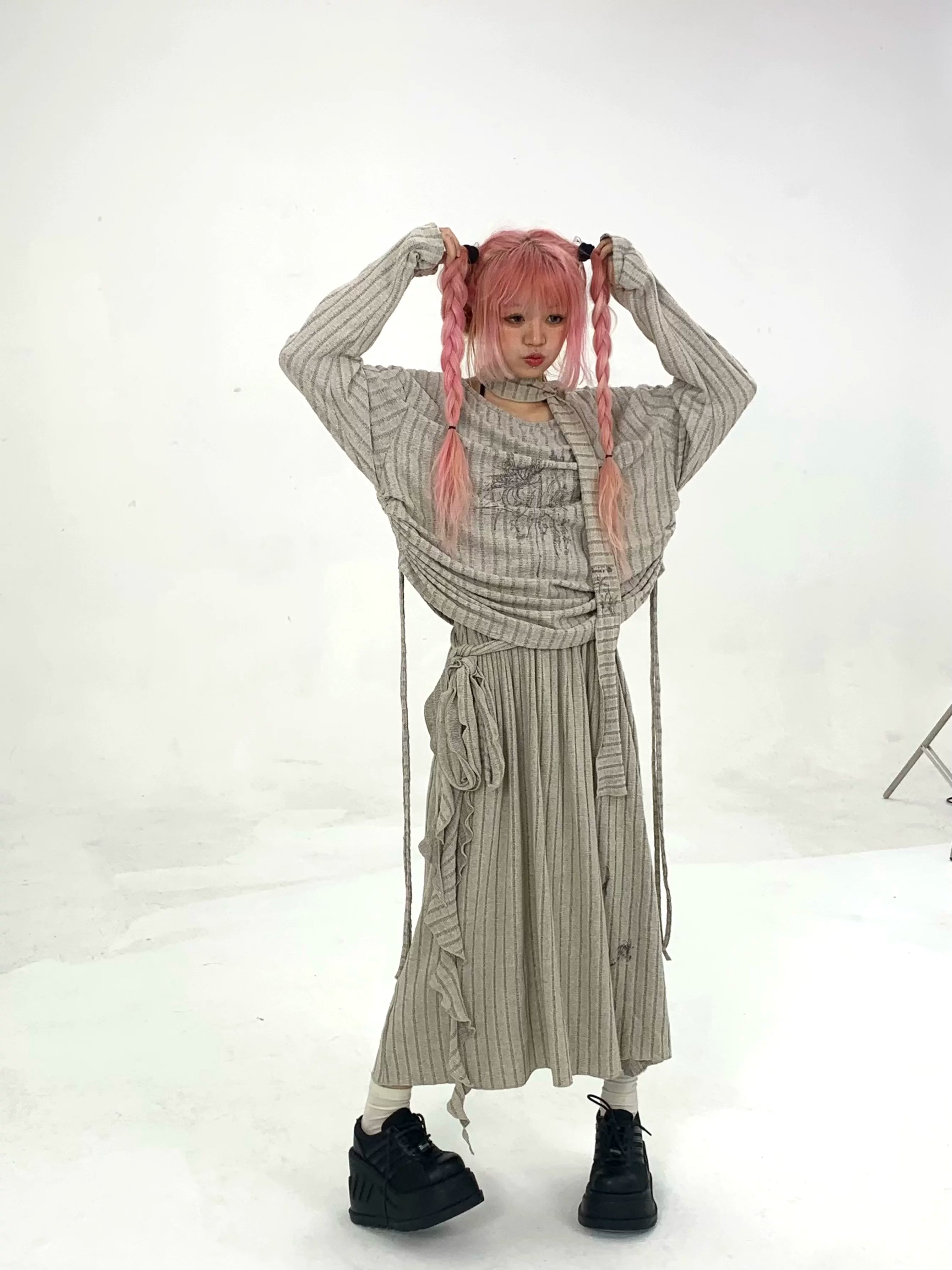 Ribbed Letter Print Strap Detail Oversize Knit Sweater