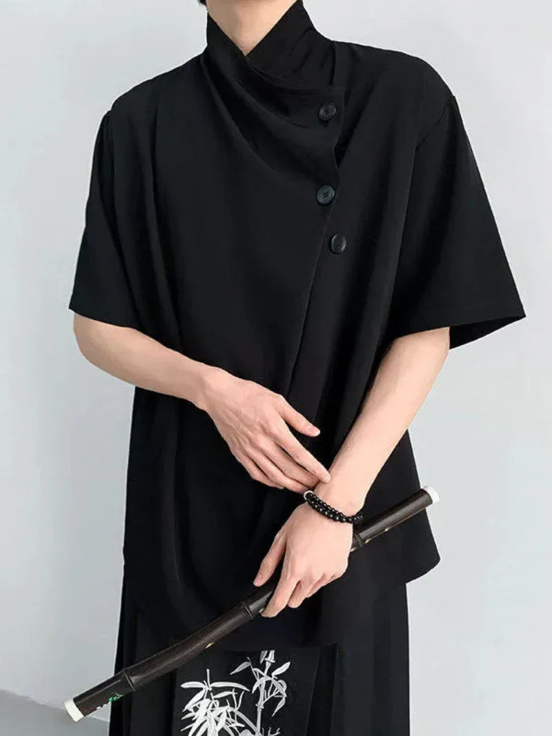 Chinese Style Asymmetrical Button Short Sleeve Shirt