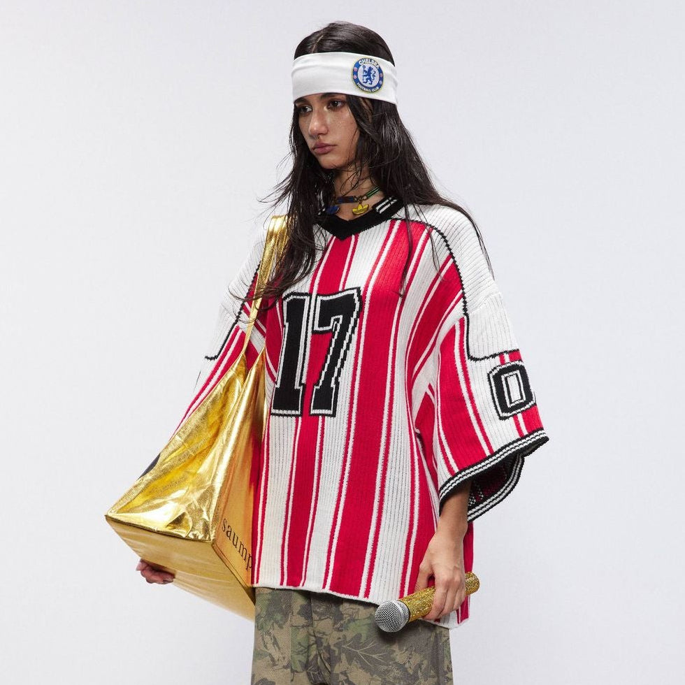 Number Stripe V-Neck Short Sleeve Knit T-shirt