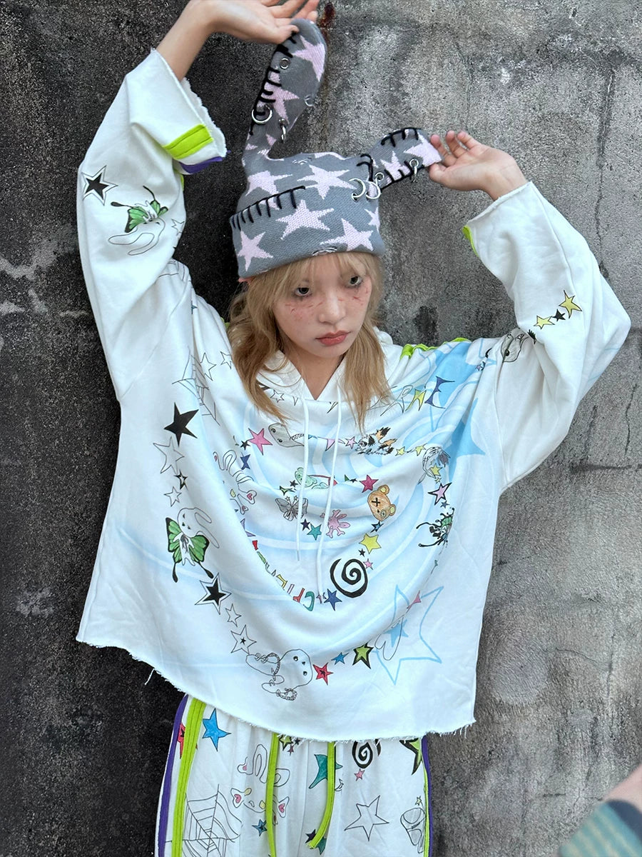 Star Print Rabbit Ear Knit Hat